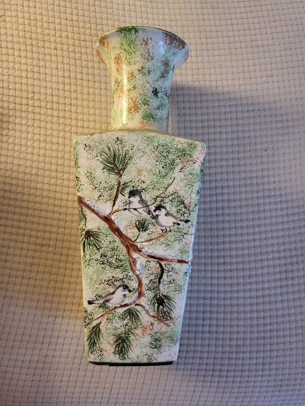 Oriental looking Hobbyist Vase Green/brown w/birds and branches